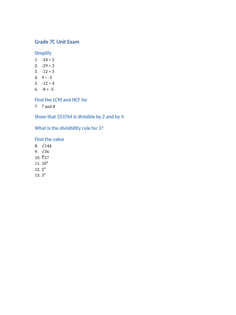 Grade 7C Unit Exam | PDF