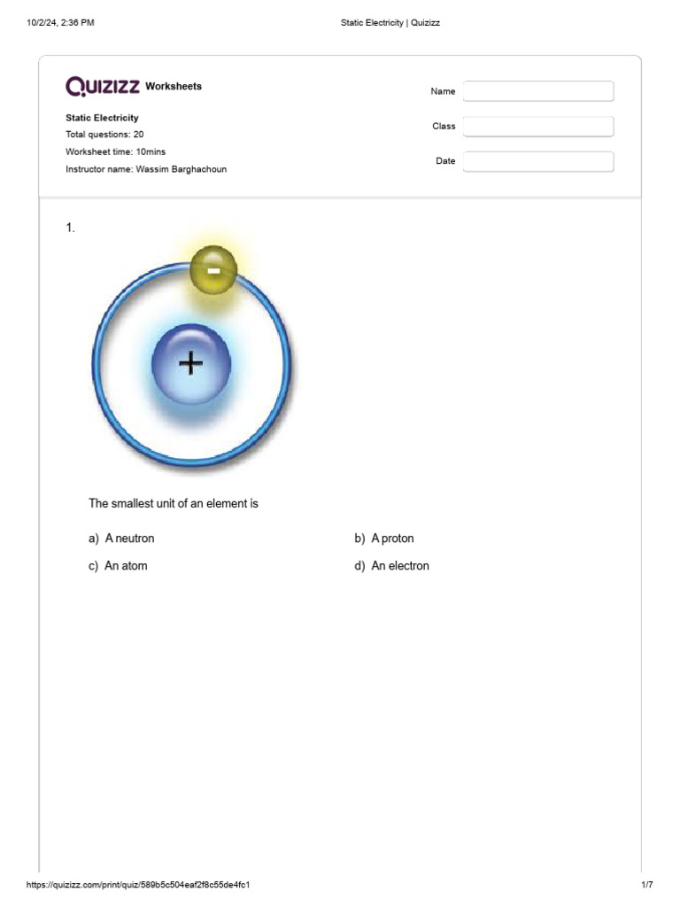 Static Electricity - Quizizz | PDF