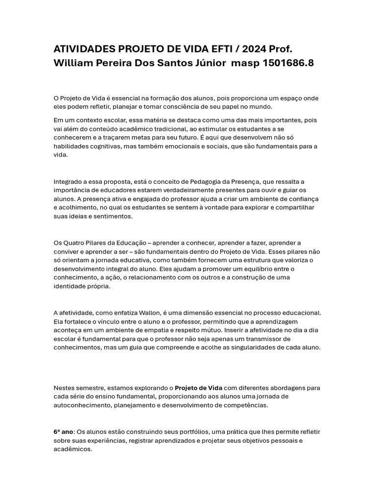 Atividades de Projeto de Vida 2024 | PDF | Aprendizado | Vida
