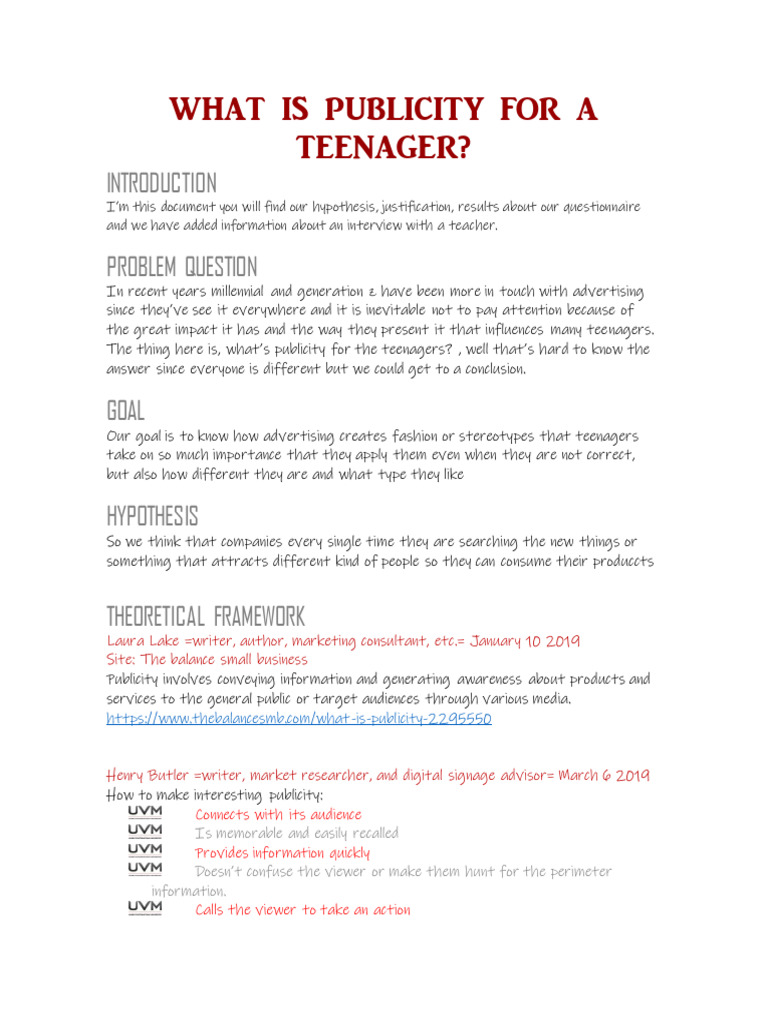 WHAT IS PUBLICITY FOR A TEENAGER Ashley and Valeria | PDF
