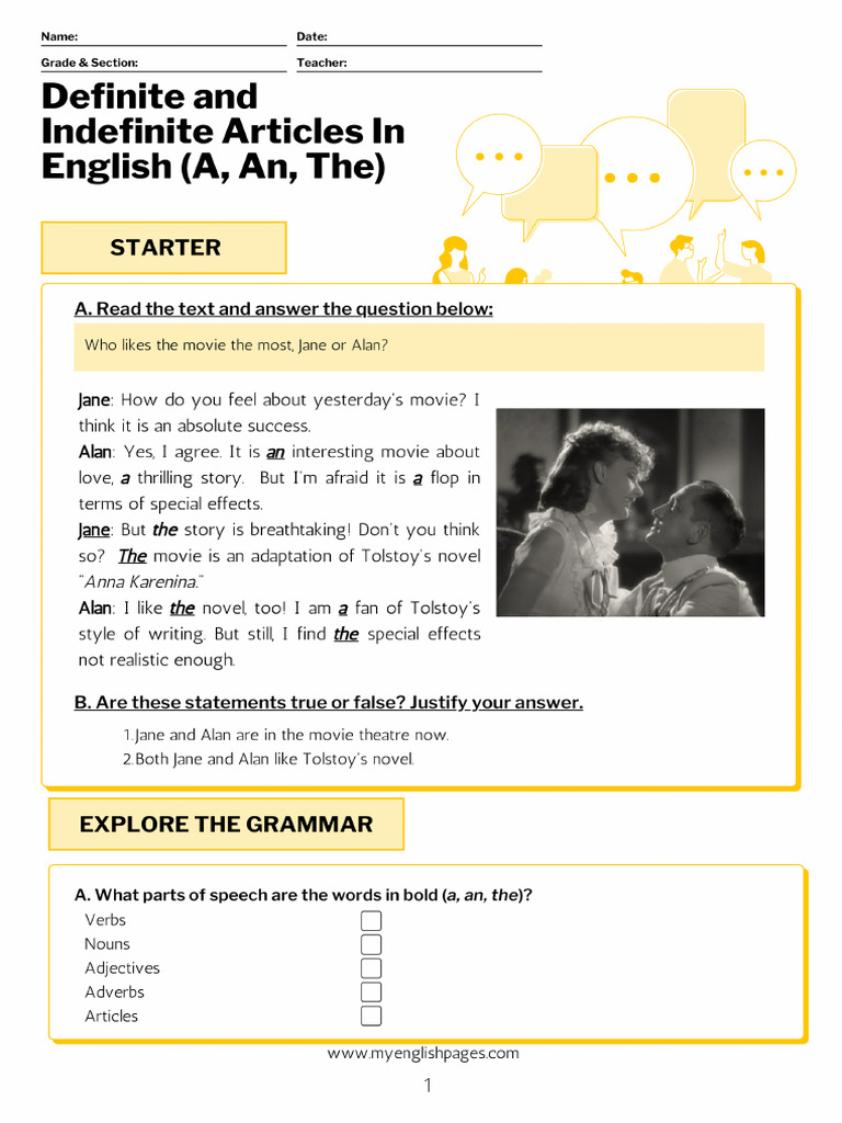 How To Use The Definite And Indefinite Articles In English Worksheet Pdf