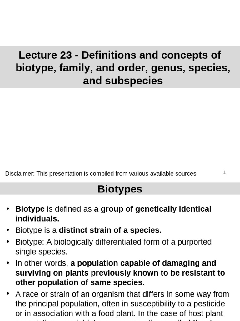 Ent. 204 - Lecture 23. Definitions and concepts of biotype, family | PDF