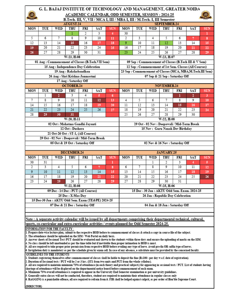 Academic Calendar Odd Sem 2024-25 | PDF