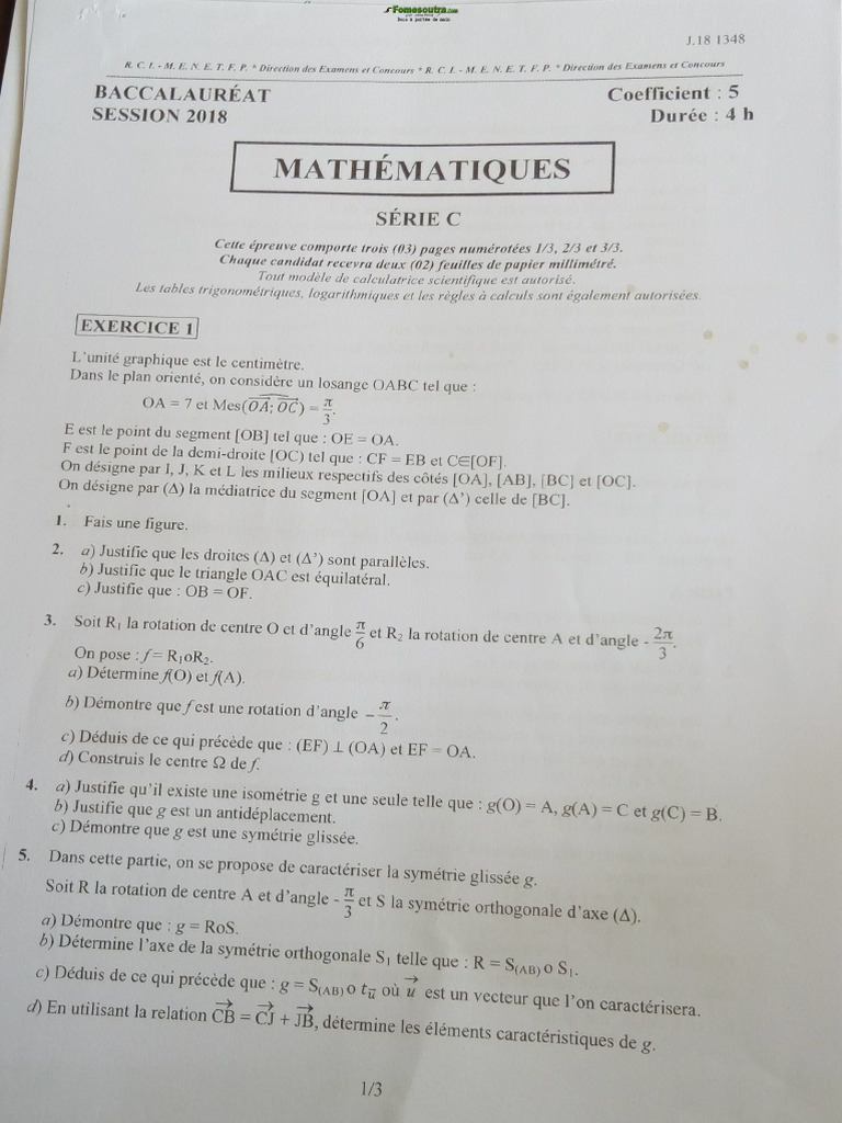 612ba583029c5sujet Corrige Et Bareme de Maths Bac C 2018 | PDF