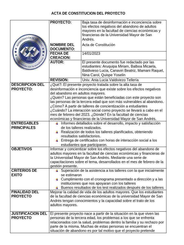 ACTA DE CONSTITUCION DEL PROYECTO | PDF
