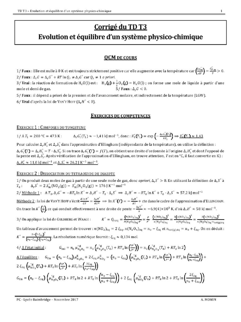 Corriges Evolution Et Equilibre D Un Systeme Physico Chimique | PDF