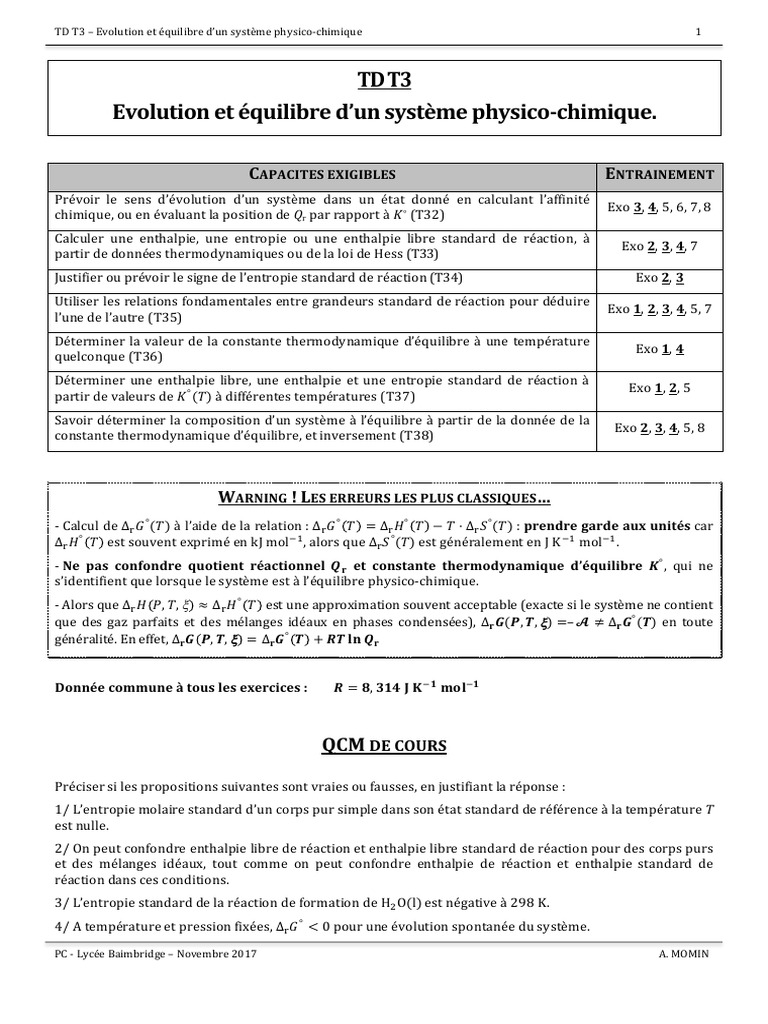 Exercices Evolution Et Equilibre D Un Systeme Physico Chimique | PDF