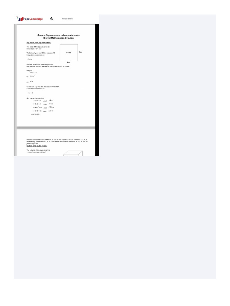 Square, Square Roots, Cubes, Cube Roots - PDF - CAIE - PapaCambridge ...