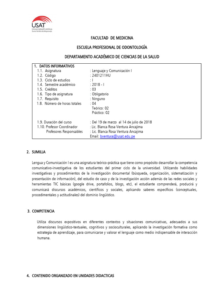 Sílabo Lenguaje y Comunicación I | PDF