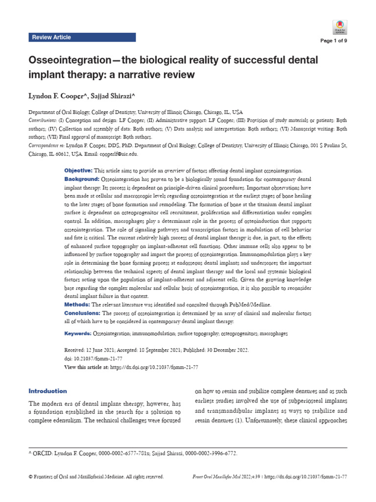 Oseointegración the biological reality of successful dental implant therapy a narrative review