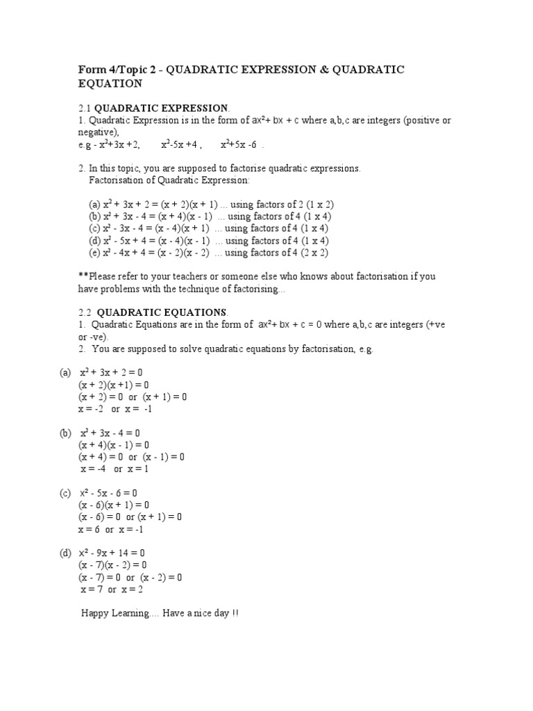 Form 4 Quadratic