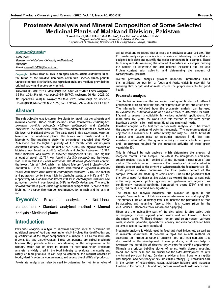 Proximate Analysis and Mineral Composition of Some Selected Medicinal ...