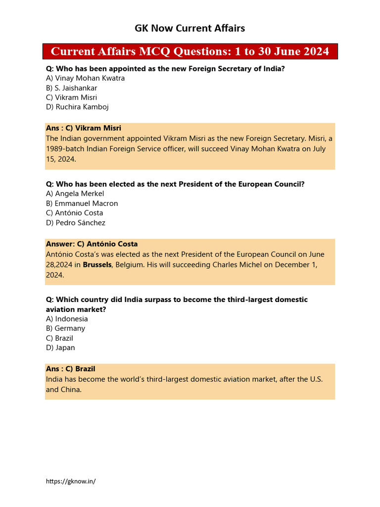 Monthly Current Affairs MCQ 1 To 30 June 2024 English | PDF | Nasa ...