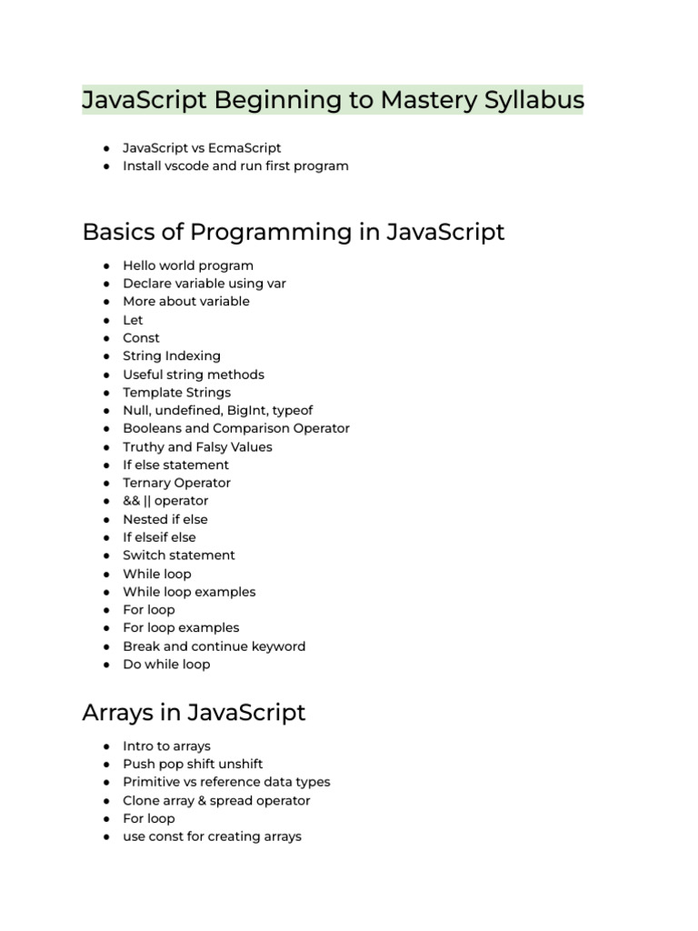 JavaScript: From Beginner to Mastery – Complete Learning Syllabus | PDF