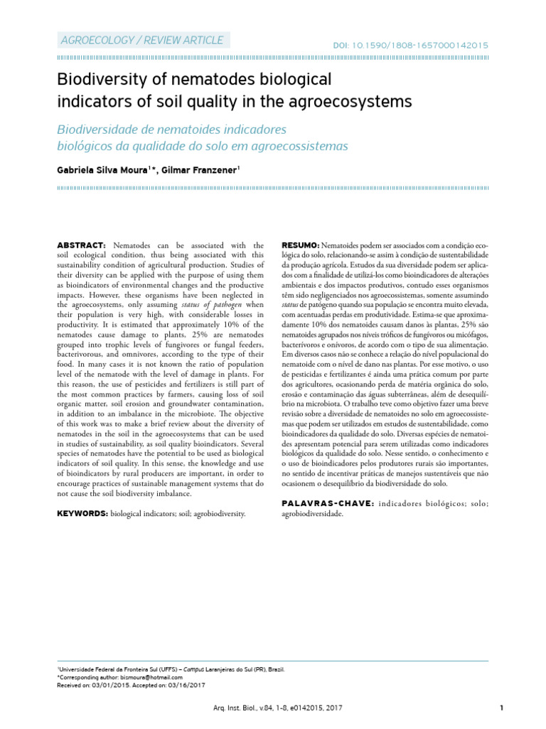 Biodiversity of Nematodes Biological Indicators of Soil Quality in ...