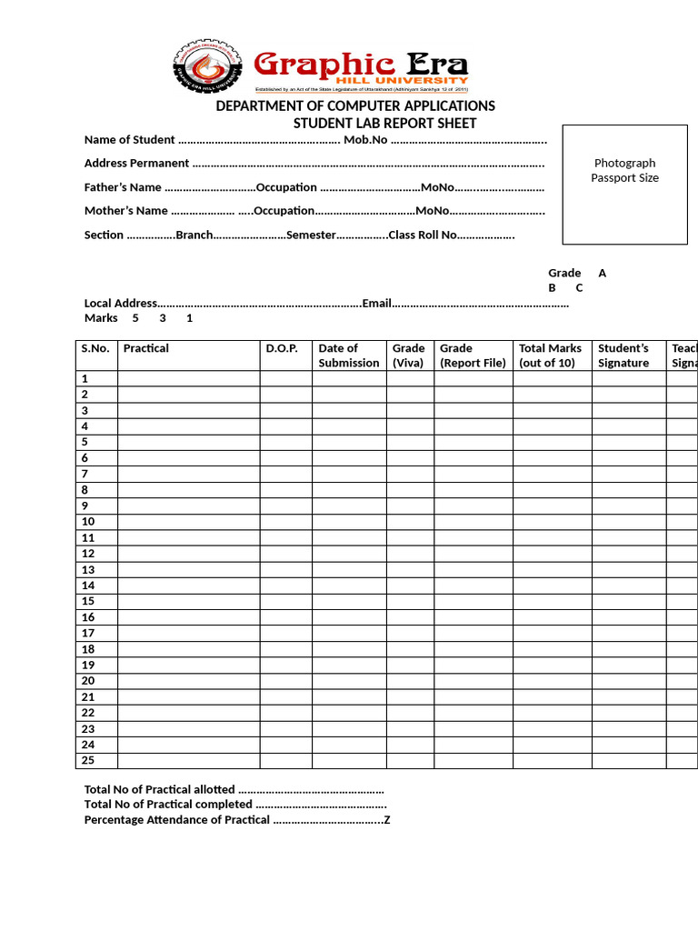 Department OF Computer Applications Student Lab Report Sheet | PDF