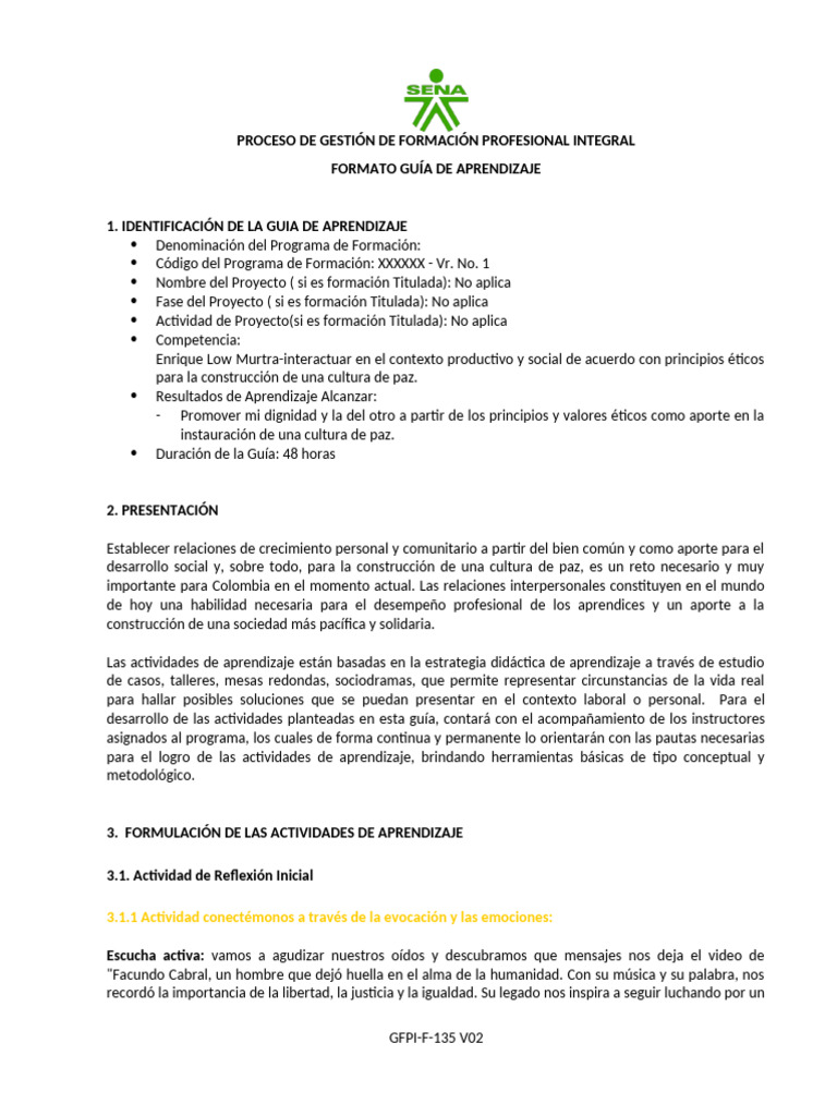 Guía de Aprendizaje: Cultura de Paz | PDF | Evaluación | Crecimiento ...
