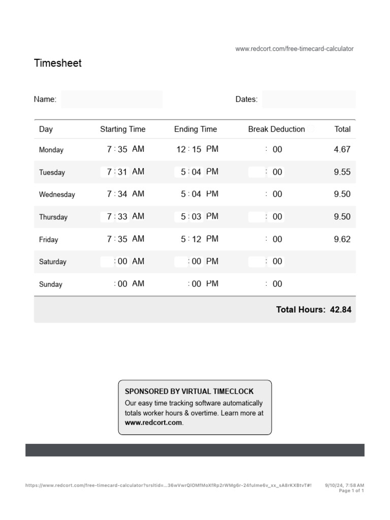 Redcort Timesheet Calculator Overview | PDF