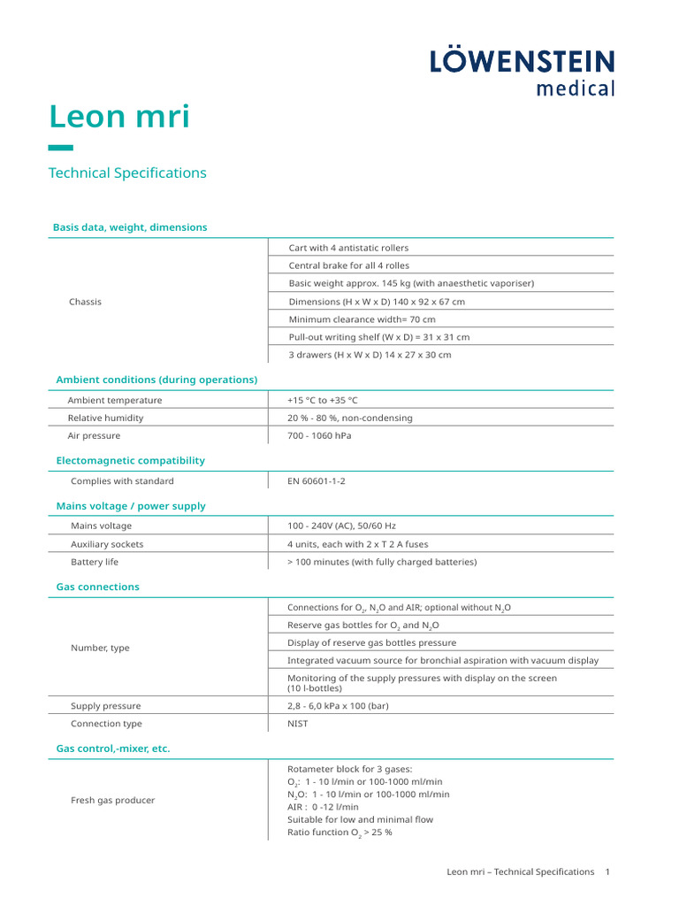 Leon Mri Anaesthesia Datasheet English | PDF