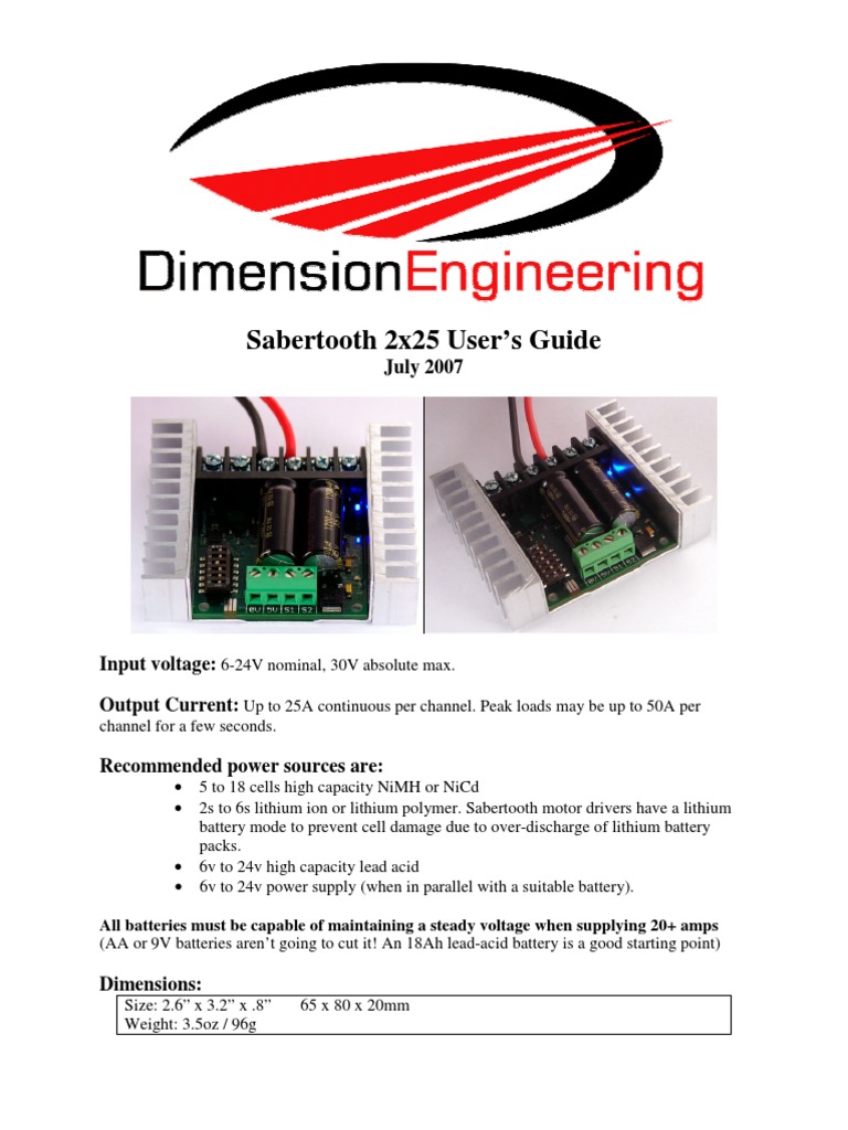 Sabertooth 2x25 Motor Driver Guide | PDF | Battery (Electricity ...