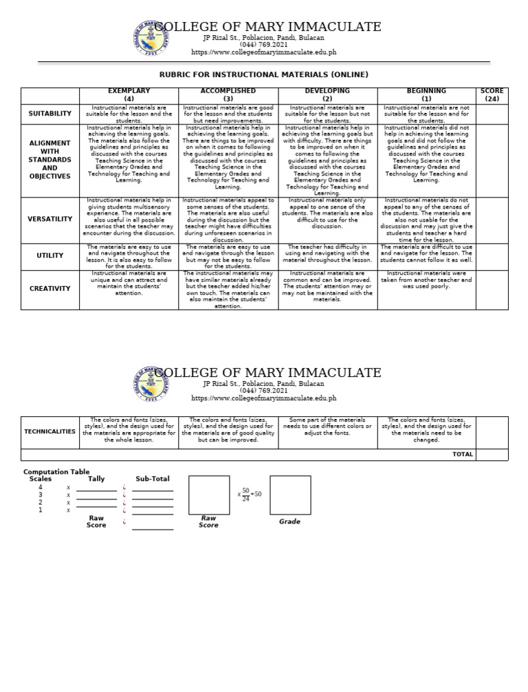 Rubric For Instructional Materials Online Pdf