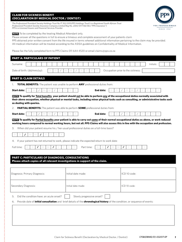 Claim For Sickness Benefits - DBD SA (Eng) PDF | PDF