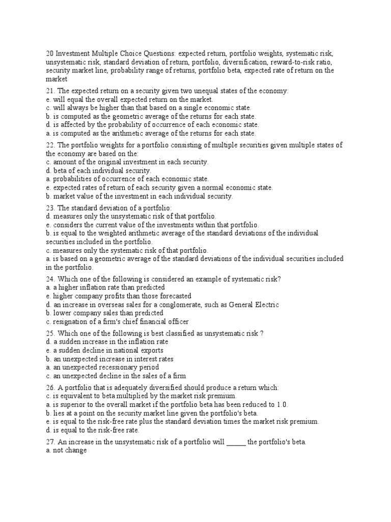 20 Investment Multiple Choice Questions PDF Beta (Finance) Diversification (Finance)