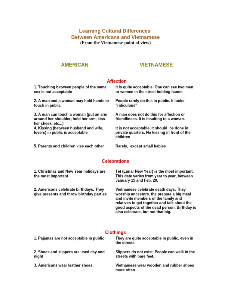 Learning Cultural Differences Between Americans and Vietnamese | PDF