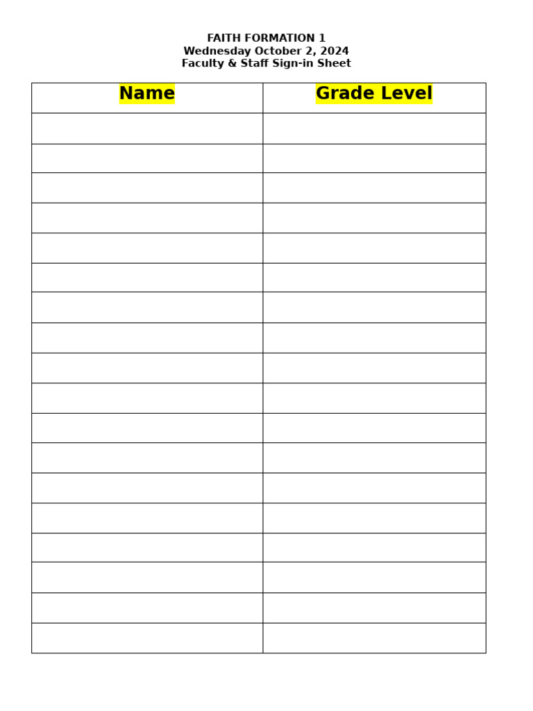 Faith Formation 1 Sign-In | PDF