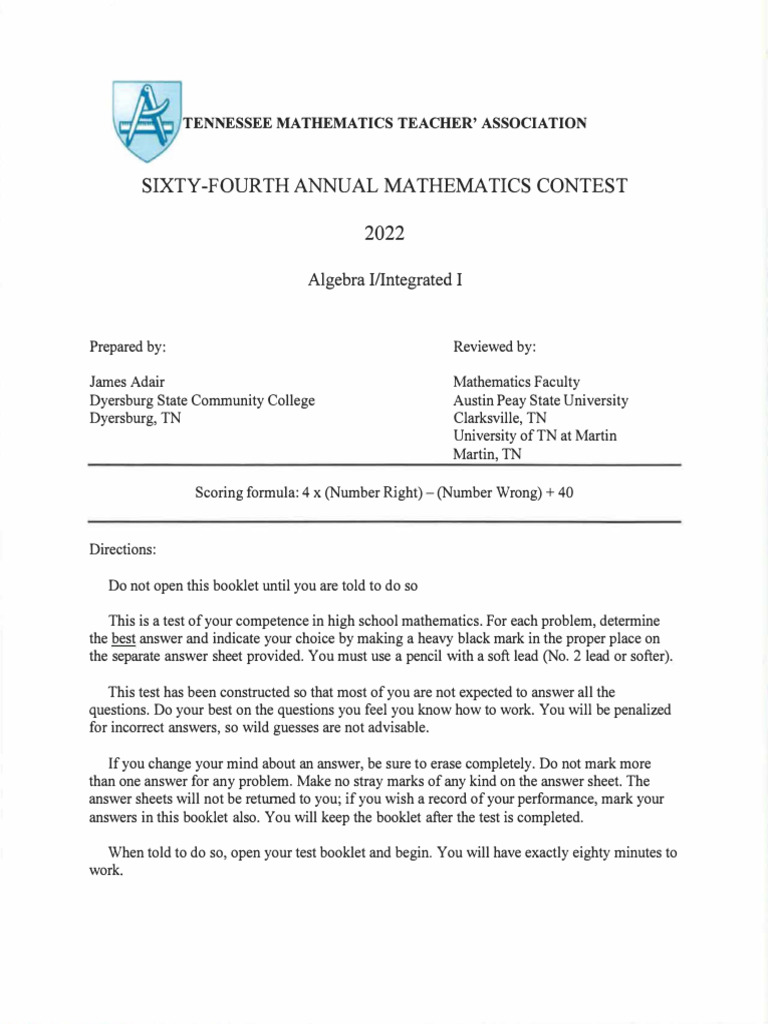 Sixty-Fourth Annual Mathematics Contest: Algebra I/Integrated I | PDF