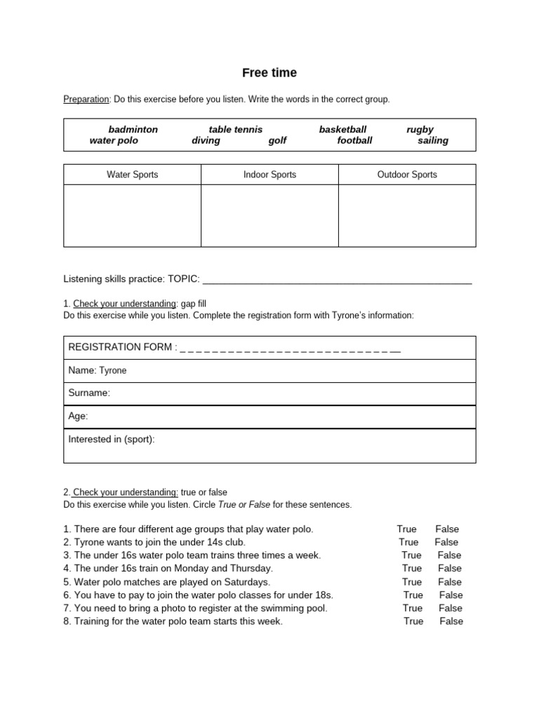 Sports and Hobbies Listening Exercise | PDF | Sports & Recreation ...