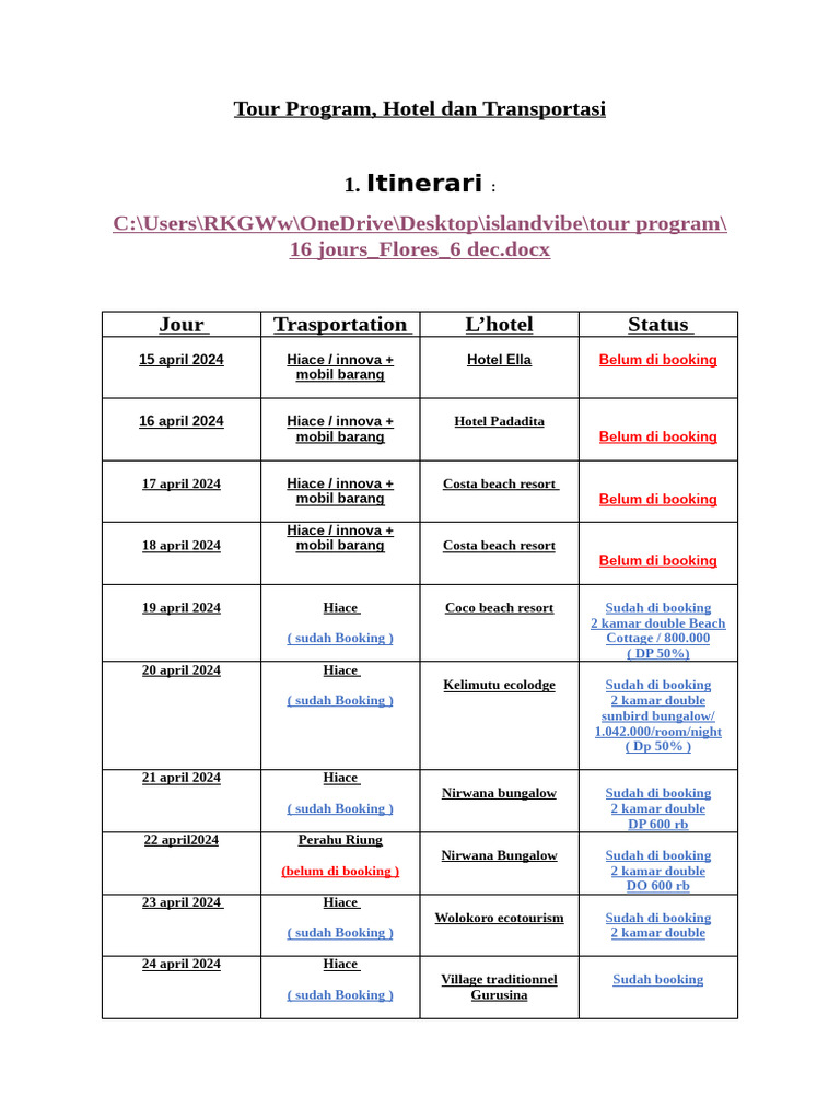 Tour Program, Hotel, Tansport | PDF