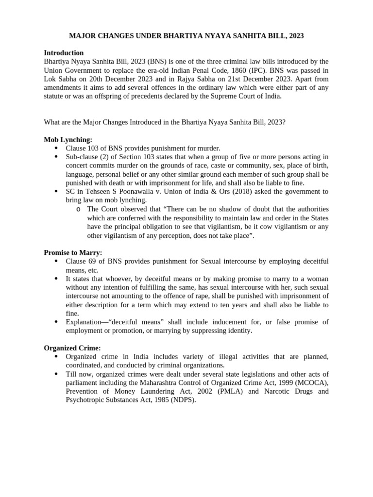 Major Changes in BNS Bill 2023 | PDF | Crimes | Social Science