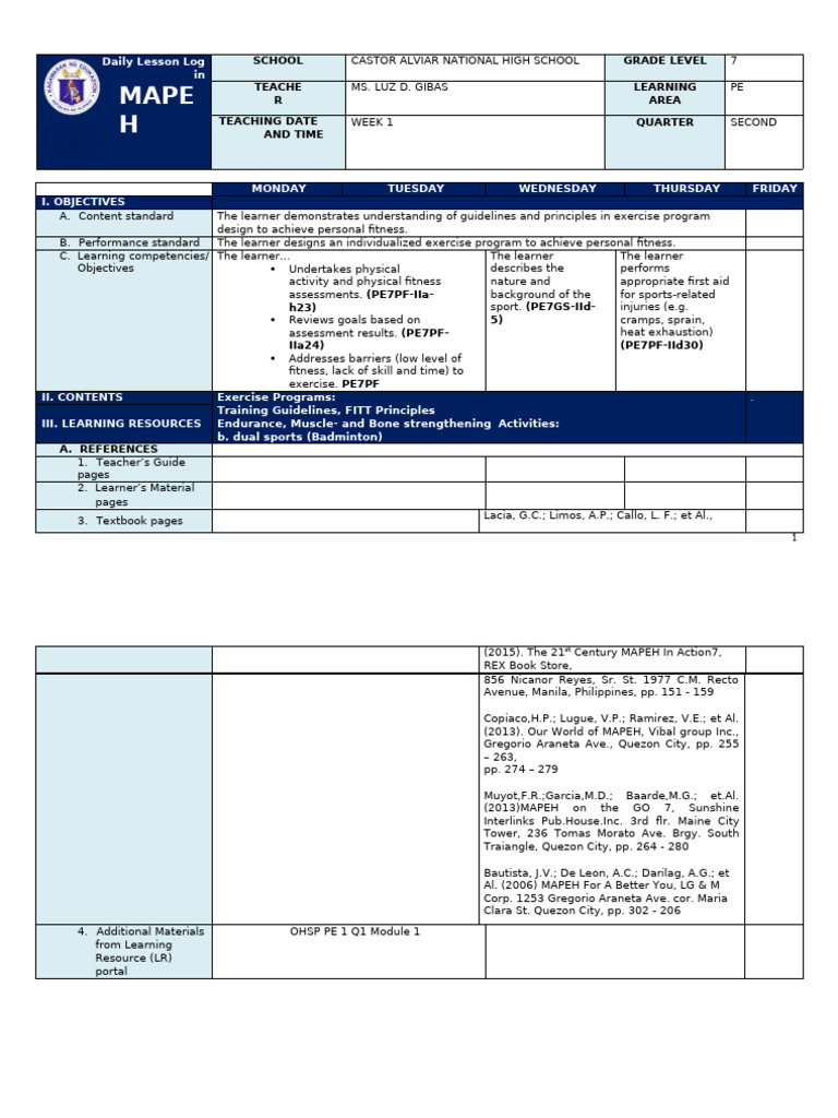 Q2 Grade 7 PE DLL Week 1 | PDF