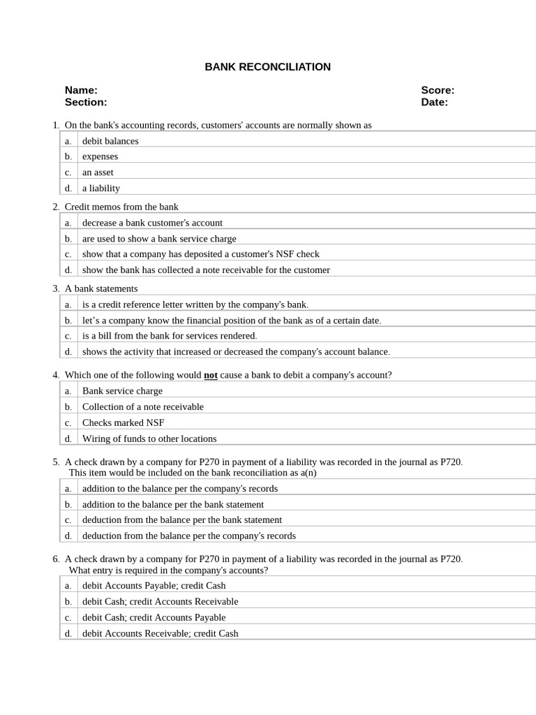 BANK RECONCILIATION Question Seatwork | PDF
