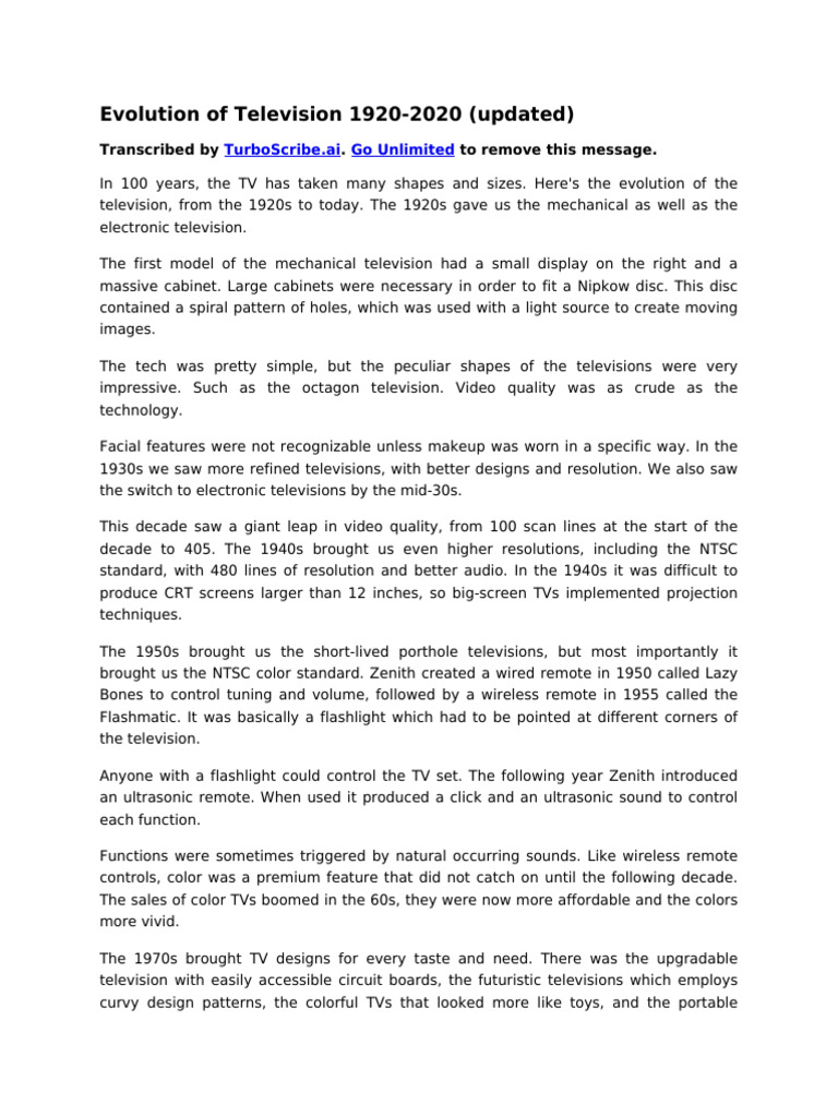 Evolution Of Television 1920 2020 Updated Pdf