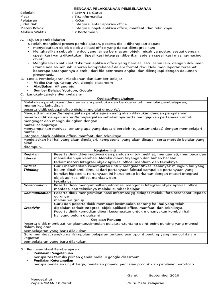 RPP Informatika Kelas X Semester 1 | PDF