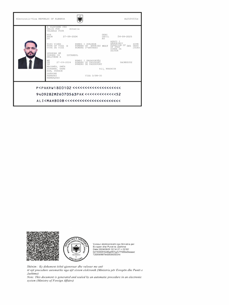 Ali Mahboob E-Visa Download | PDF