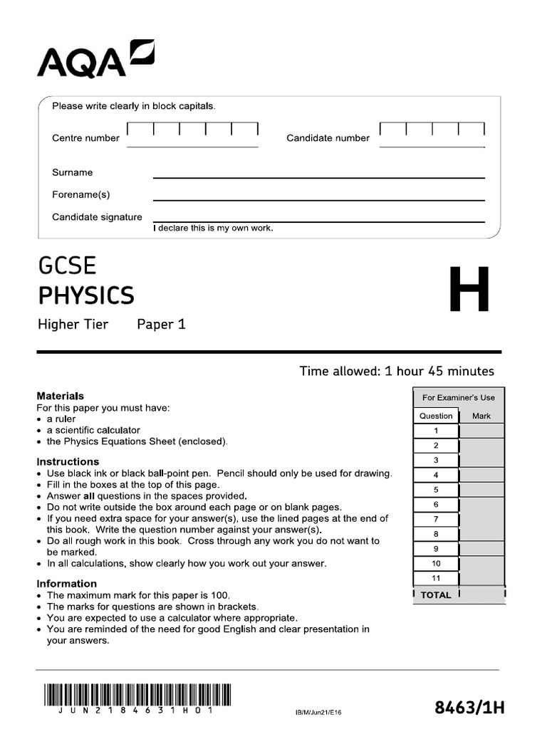 2021 AQA GCSE (Higher) Physics Paper 1 QP | PDF