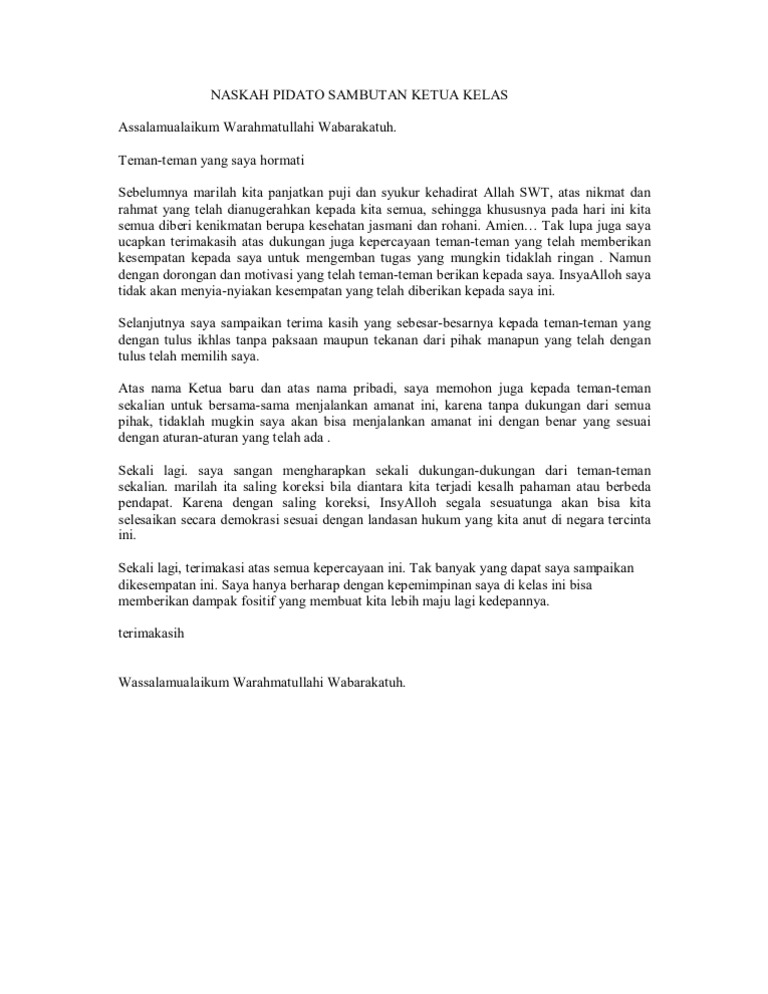 Naskah Pidato Sambutan Ketua Kelas