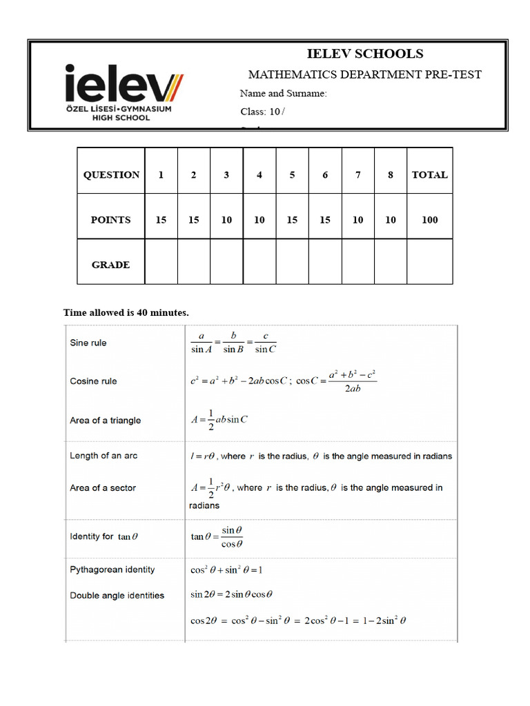 Grade 10 Pre-Test Solutions | PDF