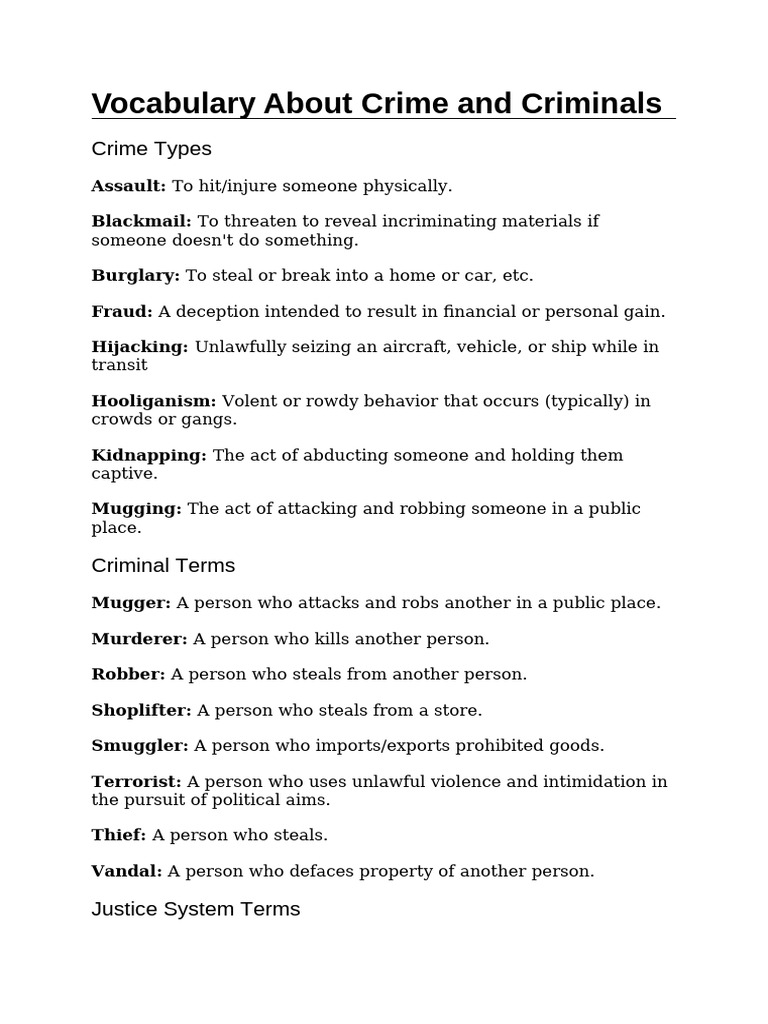 Vocabulary About Crime and Criminals | PDF