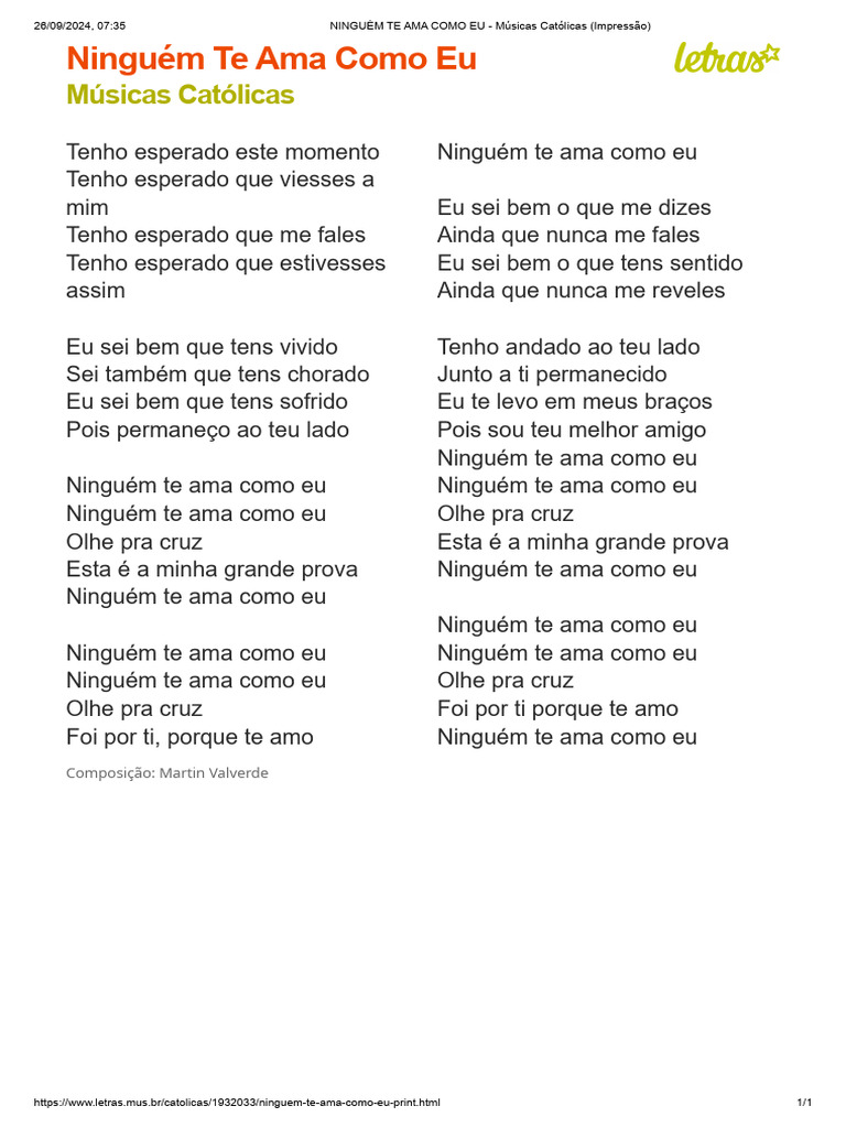 Ninguém Te Ama Como Eu - Letra Católica | PDF
