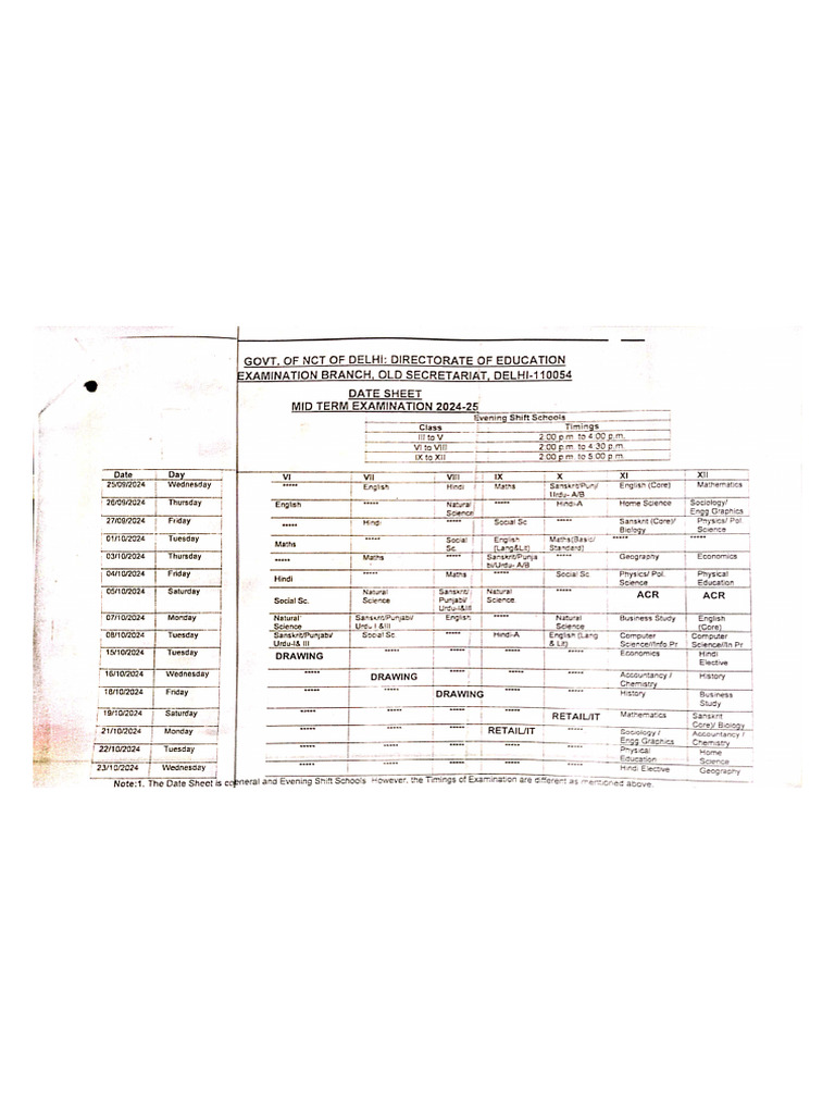 Mid Term Exam Date Sheet 2024-25 | PDF | Science | Languages Of India