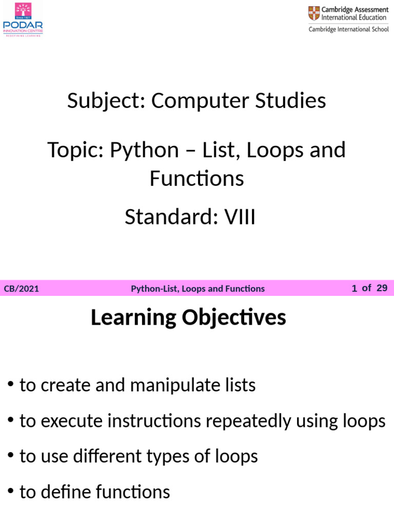 VIII - Computer Studies - Python-List, Loops and Functions | PDF