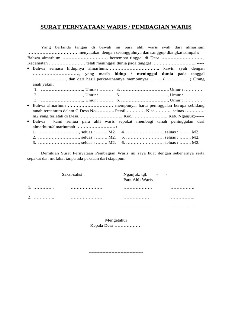 Surat Pernyataan Waris | PDF