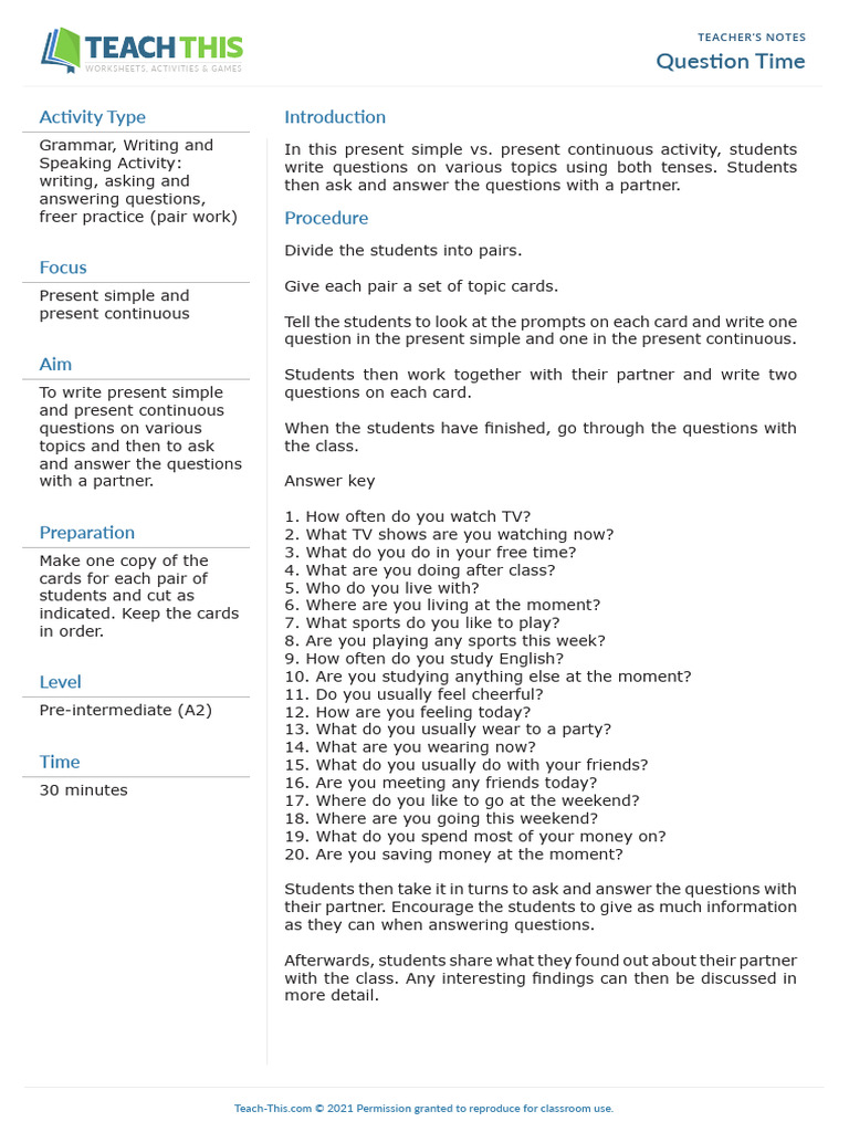 Present Simple and Continuous Question Time | PDF