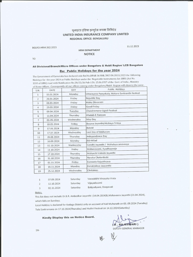 Holiday list 2024 pdf