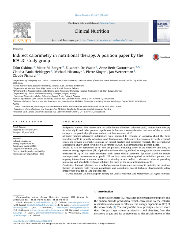 Indirect Calorimetry in Nutritional Therapy. A Position Paper by The ...