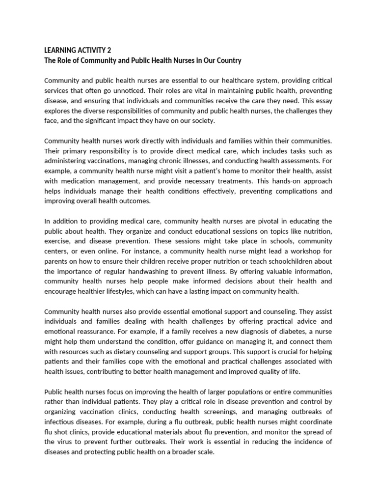 The Role of Community and Public Health Nurses in Our Country | PDF